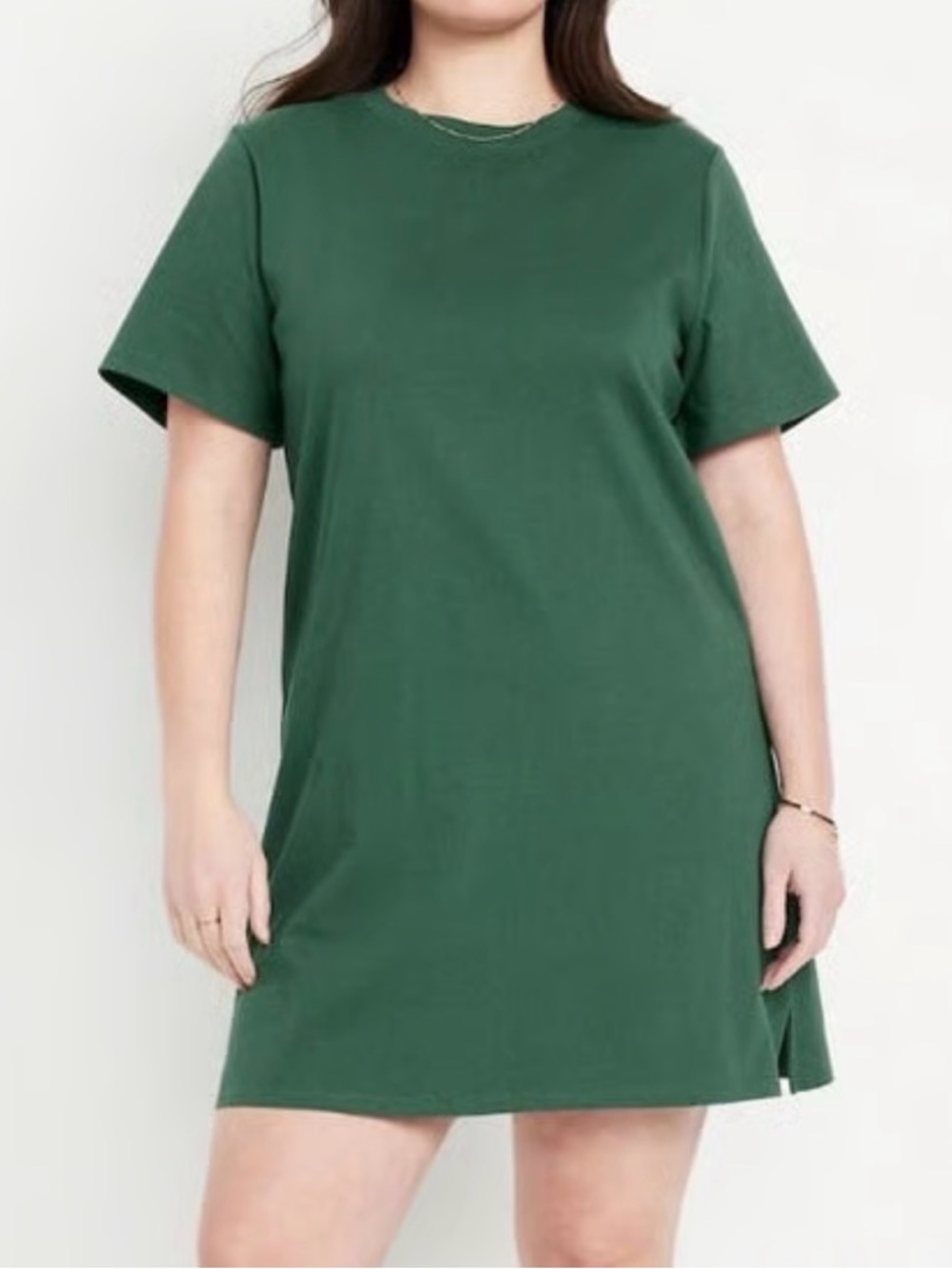 Classic Forest Green Crewneck T-Shirt Dress - Cut Bottom Hem